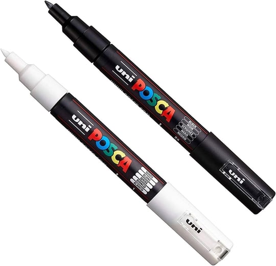 Posca PC-1M Boya Sanatı Markör Kalemleri - Kumaş Cam Metal Kalem - Siyah + Beyaz (Her Birinden 1 adet)