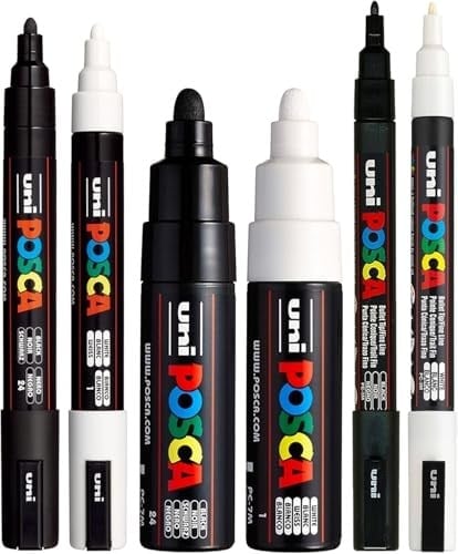 POSCA Siyah & Beyaz Kurşun Ucu - 6 Kalem Seti (PC-5M, PC-7M, PC-3M)