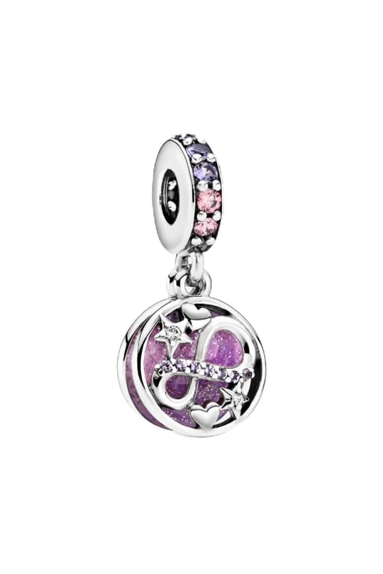 POSEİDONS JEWELLERY Işıltılı Sonsuzluk Kalpleri ve Yıldızları Sallantılı Charm Gümüş Pembe Tek Ebat