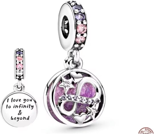 POSEİDONS JEWELLERY Işıltılı Sonsuzluk Kalpleri ve Yıldızları Sallantılı Charm Gümüş Pembe Tek Ebat