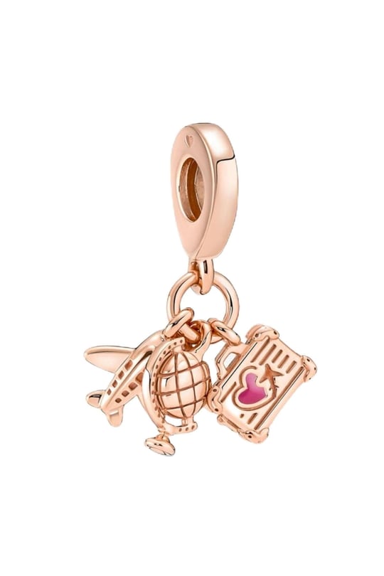 POSEİDONS JEWELLERY Uçak, Küre ve Bavul Üçlü Rose Sallantılı Charm Rose Tek Ebat