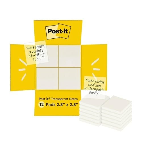 Post-it Şeffaf notlar, 12 blok, blok başına 36 yaprak, 73 mm x 73 mm, şeffaf - öğrenciler için yeniden konumlandırılabilir yapışkan notlar, ders çalışırken kitaplarda notlar için