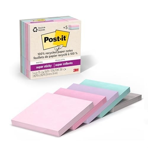 Post-it%100 Geri Dönüşümlü Kağıt Süper Yapışkan Notlar, 2X Yapıştırma Gücü, 3x3 inç, 5 Ped, 70 Yaprak/Ped, Wanderlust Pastel Koleksiyonu (654R-5SSNRP)
