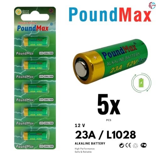 PoundMax Alkalin güvenlik pilleri, 23AE/A23/LRV08/MN21, 12 V, 5 adet