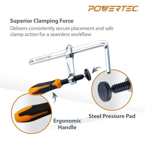 POWERTEC 71410 MFT Masa ve Kılavuz Ray Sistemi için Hızlı Vidalı Kılavuz Ray Kelepçesi, 13,7 cm Kapasite x 5,9 cm Boğaz Derinliği - 2 Paket