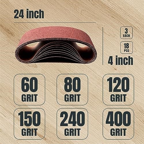 POWERTEC Zımpara Kayışları 10x61 cm, Alüminyum Oksit, 6 Farklı Kum, 18li Paket, Bantlı Zımpara için