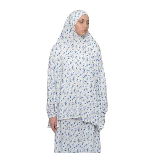 Pratik İki Parça Çiçek Desenli Yarasa Kollu Başörtülü Likralı Tesettür Namaz Elbisesi