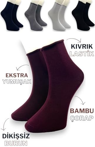 Premium 5 Çift Bambu Kadın Lastiksiz Roll Top Soket Dikişsiz Çorap, İz Bırakmayan ve Sıkmayan 36-40