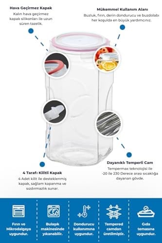 Primanova Glasslock Kare Cam Kavanoz 2000Ml - Seçenekler: 2L, 12.5 cm x 15.5 cm