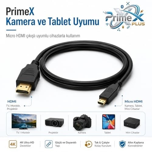 PrimeX PX-1121 Micro HDMI to HDMI Kablo, 1.5 Metre 1080P Full HD Hdmi Görüntü ve Ses Aktarım Kablosu, Micro Hdmi Type-D Kamera Tablet Mini Laptop Raspberry P - Seçenekler: 1.5 Metre, 5 Metre, 10 Metre