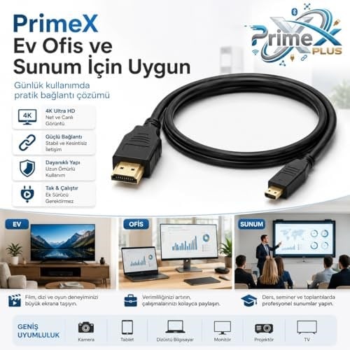 PrimeX PX-1121 Micro HDMI to HDMI Kablo, 1.5 Metre 1080P Full HD Hdmi Görüntü ve Ses Aktarım Kablosu, Micro Hdmi Type-D Kamera Tablet Mini Laptop Raspberry P - Seçenekler: 1.5 Metre, 5 Metre, 10 Metre