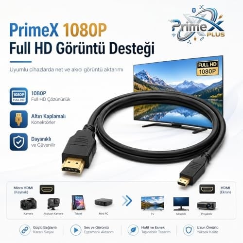 PrimeX PX-1121 Micro HDMI to HDMI Kablo, 1.5 Metre 1080P Full HD Hdmi Görüntü ve Ses Aktarım Kablosu, Micro Hdmi Type-D Kamera Tablet Mini Laptop Raspberry P - Seçenekler: 1.5 Metre, 5 Metre, 10 Metre