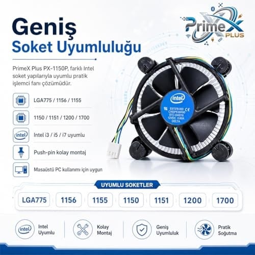 PrimeX PX-1150P Intel İşlemci Fanı, i3 i5 i7 Uyumlu CPU Soğutucu Fan, LGA775 1156 1155 1150 1151 1200 1700 Pin İşlemci Soğutucu, E97379-003 Intel Fan