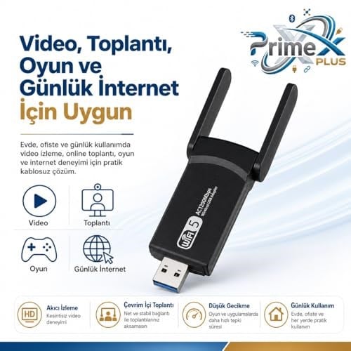 PrimeX PX-AC1200 USB 3.0 WiFi Adaptör, Realtek RTL8812BU, AC1200/AC1300 Dual Band 2.4G-5G, 802.11ac Kablosuz Ağ Alıcı, PC Laptop Masaüstü için Wireless USB Dongle