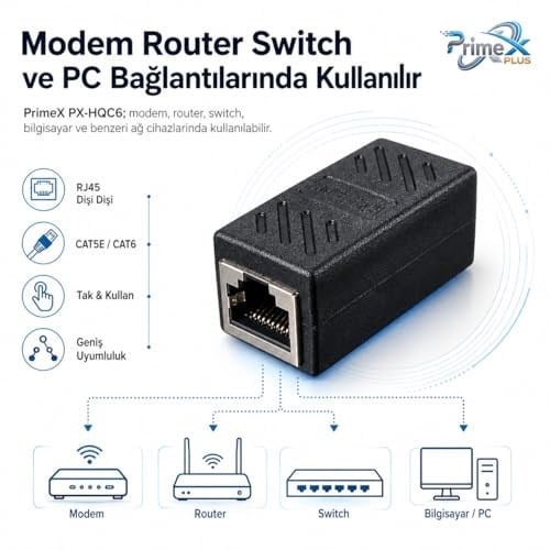 PrimeX PX-HQC6 RJ45 Dişi Dişi Ethernet Ara Aparatı, CAT5E/CAT6 LAN Kablo Birleştirici, Gigabit Network Kablo Uzatma Adaptörü, Modem Router Switch PC İçin RJ45 Dişi Dişi Coupler