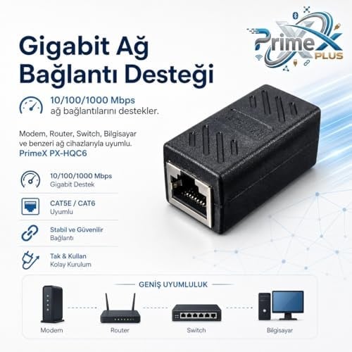PrimeX PX-HQC6 RJ45 Dişi Dişi Ethernet Ara Aparatı, CAT5E/CAT6 LAN Kablo Birleştirici, Gigabit Network Kablo Uzatma Adaptörü, Modem Router Switch PC İçin RJ45 Dişi Dişi Coupler