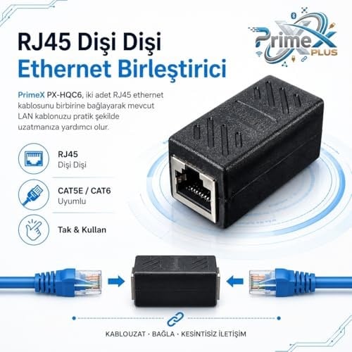 PrimeX PX-HQC6 RJ45 Dişi Dişi Ethernet Ara Aparatı, CAT5E/CAT6 LAN Kablo Birleştirici, Gigabit Network Kablo Uzatma Adaptörü, Modem Router Switch PC İçin RJ45 Dişi Dişi Coupler