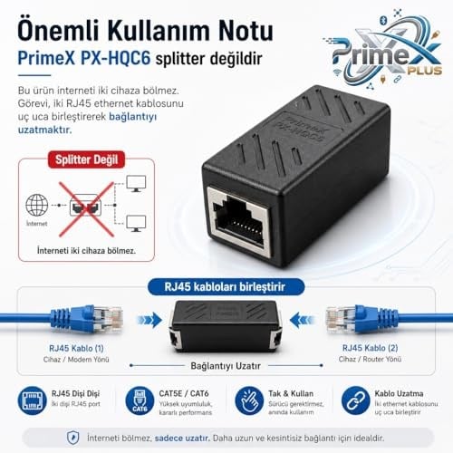 PrimeX PX-HQC6 RJ45 Dişi Dişi Ethernet Ara Aparatı, CAT5E/CAT6 LAN Kablo Birleştirici, Gigabit Network Kablo Uzatma Adaptörü, Modem Router Switch PC İçin RJ45 Dişi Dişi Coupler