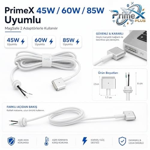 PrimeX PX-MAC2 MagSafe 2 Güç Adaptörü Kablosu, Apple MacBook A1425 A1435 A1465 A1502 Uyumlu, 5 Pin T Stili Manyetik Şarj Tamir Kablosu, 45W 60W 85W Adaptör İçin, 1.8 Metre