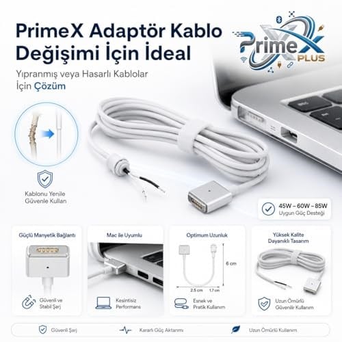 PrimeX PX-MAC2 MagSafe 2 Güç Adaptörü Kablosu, Apple MacBook A1425 A1435 A1465 A1502 Uyumlu, 5 Pin T Stili Manyetik Şarj Tamir Kablosu, 45W 60W 85W Adaptör İçin, 1.8 Metre