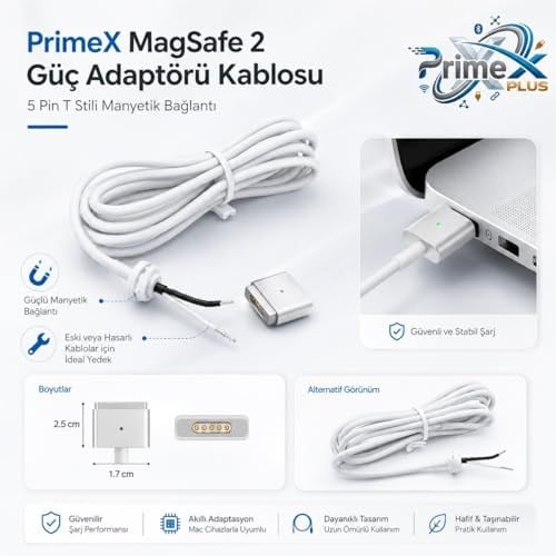 PrimeX PX-MAC2 MagSafe 2 Güç Adaptörü Kablosu, Apple MacBook A1425 A1435 A1465 A1502 Uyumlu, 5 Pin T Stili Manyetik Şarj Tamir Kablosu, 45W 60W 85W Adaptör İçin, 1.8 Metre