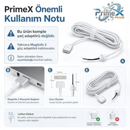 PrimeX PX-MAC2 MagSafe 2 Güç Adaptörü Kablosu, Apple MacBook A1425 A1435 A1465 A1502 Uyumlu, 5 Pin T Stili Manyetik Şarj Tamir Kablosu, 45W 60W 85W Adaptör İçin, 1.8 Metre