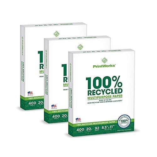 PrintWorks Yüzde 100 Geri Dönüşümlü Çok Amaçlı Kağıt, 9,1 kg, 92 Parlak, 8,5 x 11 inç, 3 paket 400 yaprak, toplam 1200 yaprak (00018-3), Beyaz
