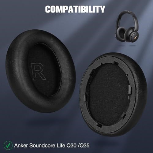 Profesyonel yedek kulak yastığı, Anker Soundcore Life Q30 / Q35 kulaklık ile uyumlu, birinci sınıf hafızalı köpük ve protein ciltli (siyah)