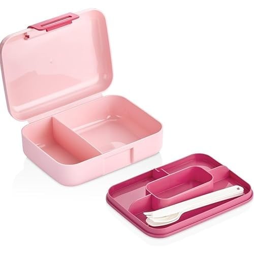 Promosyonca 2 Katlı Bento Öğle Yemeği Kutusu, 1.6 Litre, 3 Bölmeli, BPA İçermeyen PP Plastik, Çatal Bıçak Kaşık Hediyeli (Pembe)