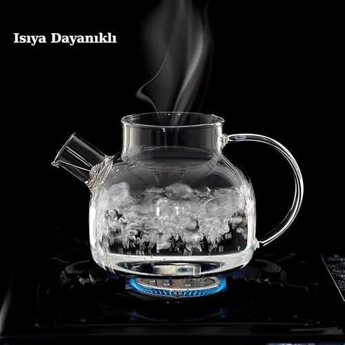 Promosyonca Borosilikat Cam Demlik, Bambu Kapaklı, Süzgeçli, 1000 ml, Isıya Dayanıklı, Çay Kahve Bitki Çayı için, Cam Çaydanlık (Düz)