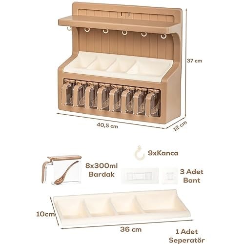 Promosyonca Kahve Köşelik ve Baharatlık, Duvara Monte Mutfak Rafı, 8 li Baharatlık, Fincan Askılı, 40,5x37x12 cm (Krem)