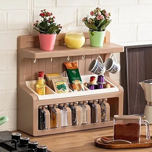 Promosyonca Kahve Köşelik ve Baharatlık, Duvara Monte Mutfak Rafı, 8 li Baharatlık, Fincan Askılı, 40,5x37x12 cm (Krem)