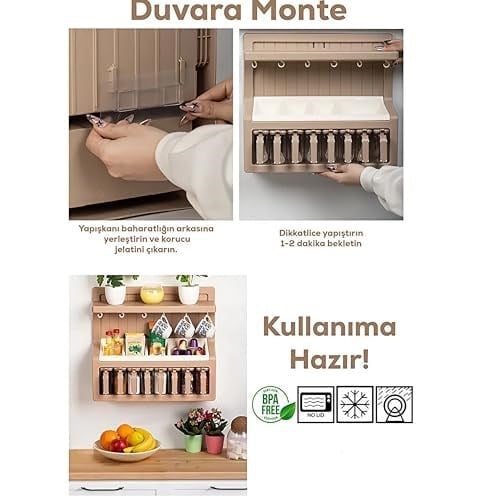 Promosyonca Kahve Köşelik ve Baharatlık, Duvara Monte Mutfak Rafı, 8 li Baharatlık, Fincan Askılı, 40,5x37x12 cm (Krem)
