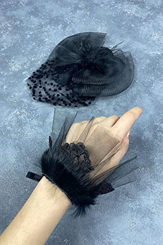 Puantiyeli Siyah Nikah Kepi Ve Lavin Tüylü Bilek Aksesuarı
