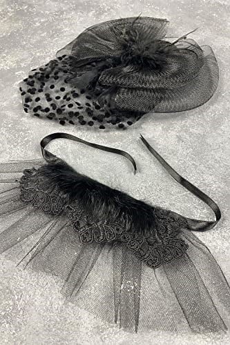 Puantiyeli Siyah Nikah Kepi Ve Lavin Tüylü Bilek Aksesuarı