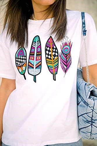 Pul İşlemeli Pamuk Tişört Tüy Desenli T-shirt Beyaz Bisiklet Yaka (Desen4 Beyaz/L)
