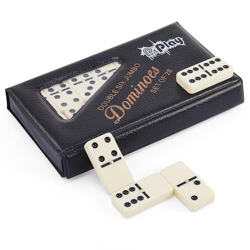 PUREPLAY Jumbo Klasik Domino Çift 6 Oyun Seti, Fildişi 28 parça Domino Seti Poatable PVC Kılıfta - Aile Geceleri, Parti Hediyeleri, Seyahat ve Her Zaman Kullanım, 2-4 Oyuncu