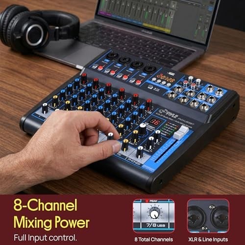 Pyle Professional Audio Mixer Sound Board Console Desk System- Interface 8 Channel Digital USB Bluetooth MP3 Computer Input 48V Phantom Power Stereo DJ Studio FX 16Bit DSP Processor, Black - PMXU83BT