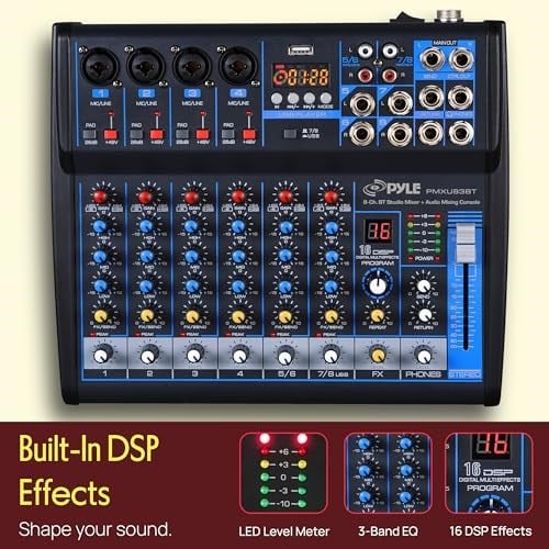 Pyle Professional Audio Mixer Sound Board Console Desk System- Interface 8 Channel Digital USB Bluetooth MP3 Computer Input 48V Phantom Power Stereo DJ Studio FX 16Bit DSP Processor, Black - PMXU83BT