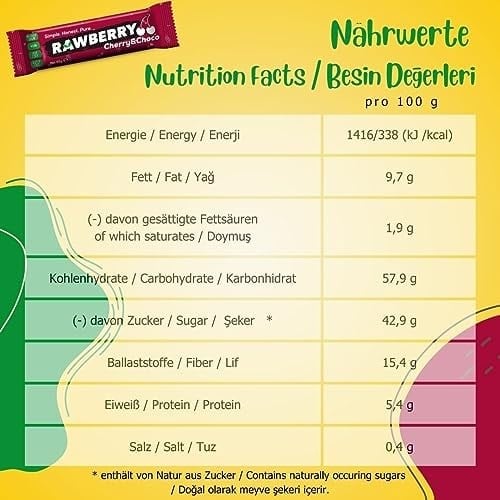 Rawberry Cherry Choco Şeker İlavesiz Vegan Glütensiz Kuruyemiş Bar (kutuda 15 Adet)