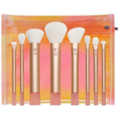 Real Techniques Wanderer makyaj fırçası seti, birinci sınıf ve profesyonel fırça seti, yumuşak kıllar, fondöten, pudra, göz farı, allık, bronzlaştırıcı ve kapatıcı için, 9 parçalı set