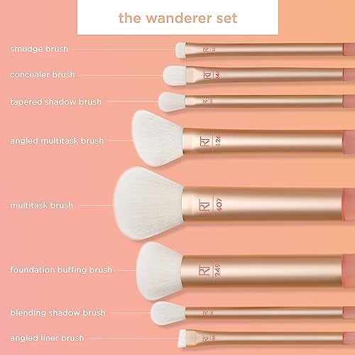 Real Techniques Wanderer makyaj fırçası seti, birinci sınıf ve profesyonel fırça seti, yumuşak kıllar, fondöten, pudra, göz farı, allık, bronzlaştırıcı ve kapatıcı için, 9 parçalı set