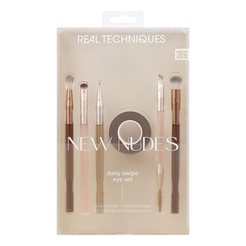 REAL TECHNIQUES Yeni Nudes Daily Swipe Göz Seti, Göz Farı, Liner, Brows, Makyaj Bant, Doğal veya Dumanlı Makyaj Görünümü için, sentetik parıltılar, zulüm içermeyen ve vegan, 7 parça set