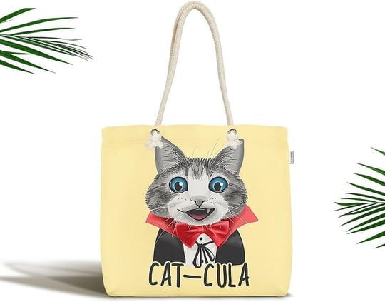 RealHomes Cat-cula Dijital Baskılı Modern Fermuarlı Plaj Çantası, Canta-5719