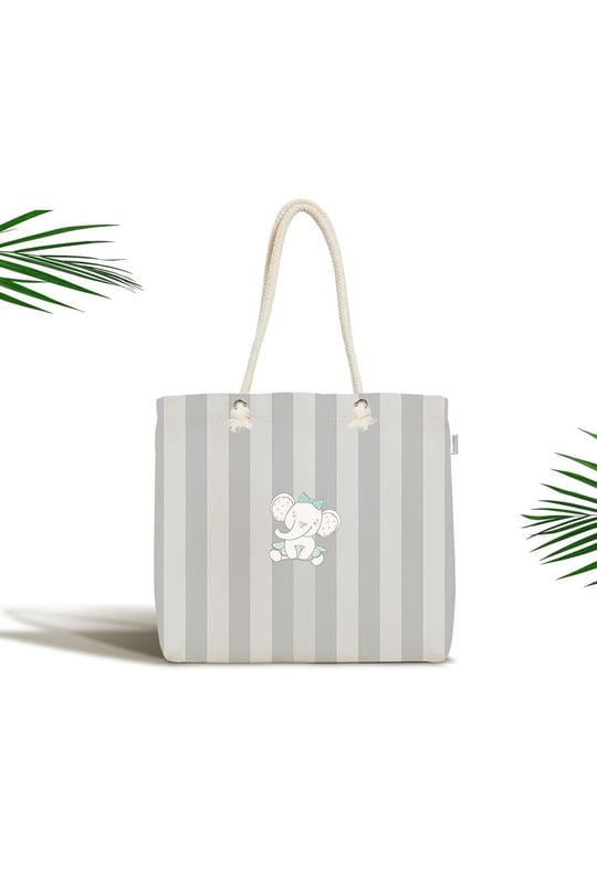 RealHomes Çocuk Çantası - Gri Çizgili Fil Motifli Kumaş Çanta, Canta-4528g