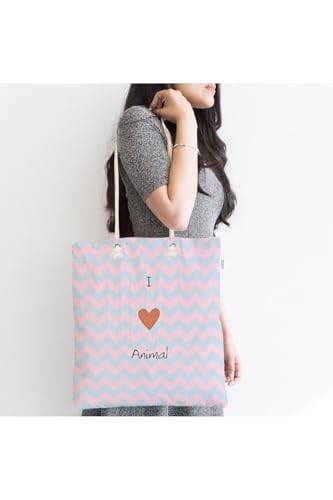 RealHomes Çocuk Çantası - Mavi Pembe Zigzaglı I Love Animal Desenli Kumaş Çanta, Canta-4592p