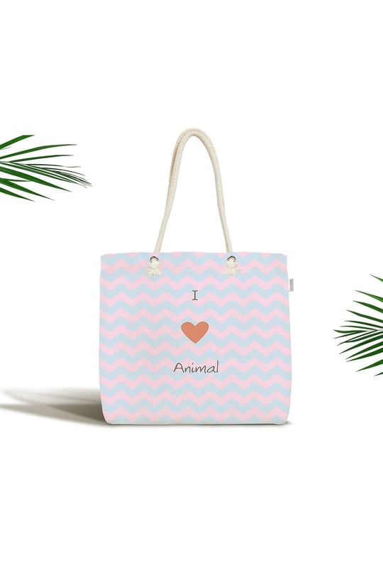 RealHomes Çocuk Çantası - Mavi Pembe Zigzaglı I Love Animal Desenli Kumaş Çanta, Canta-4592p