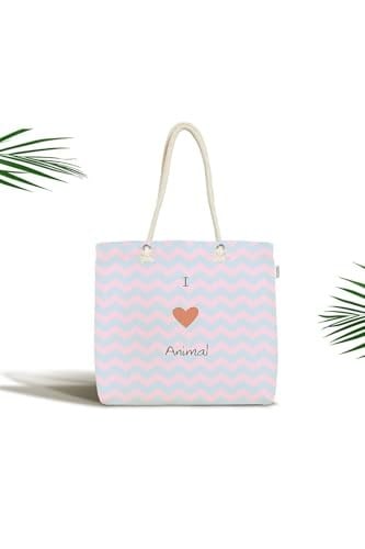 RealHomes Çocuk Çantası - Mavi Pembe Zigzaglı I Love Animal Desenli Kumaş Çanta, Canta-4592p