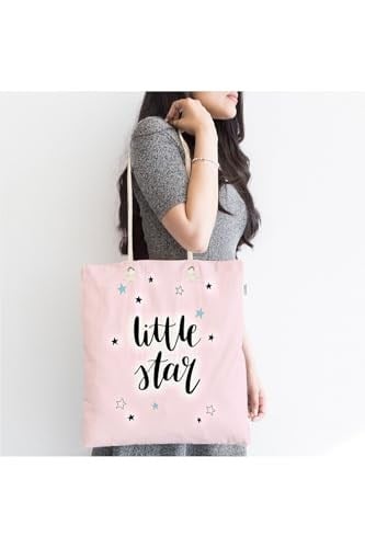 RealHomes Çocuk Çantası - Pembe Zeminde Little Star Yıldız Tasarımlı Kumaş Çanta, Canta-4481