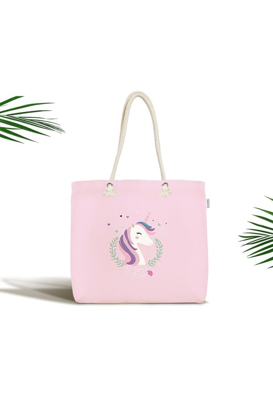 RealHomes Çocuk Çantası - Pembe Zeminli Magic Unicorn Tasarımlı Kumaş Çanta, Canta-4332p